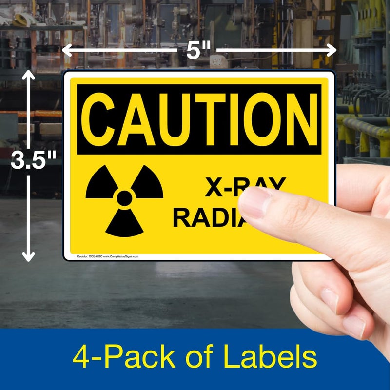 ComplianceSigns.com تحذير إشعاع الأشعة السينية OSHA ملصق أمان، 5x3.5 بوصة، 4 عبوة من الفينيل للمرافق الطبية والمواد الخطرة - Image 2